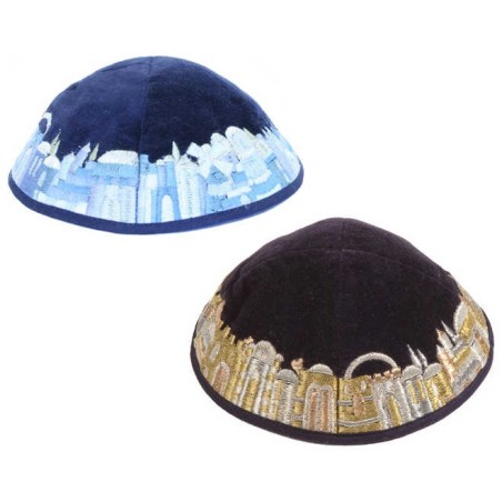 Black Velvet Embroidered Jerusalem Border Kippah B | Kippahs | Judaica